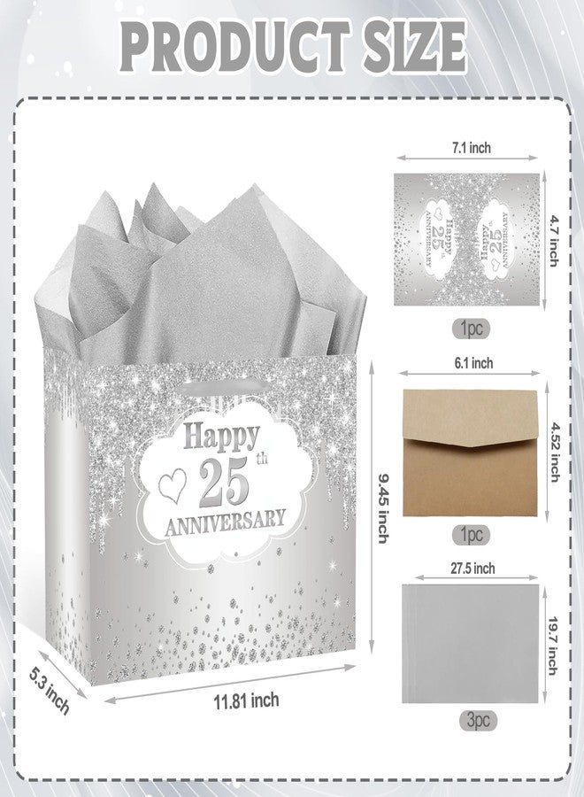 RTMISA 25th Anniversary Themed Gift Bag with Tissue Paper and Greeting Card Silver Wedding Anniversary Paper Gifts Wrapping Bag for Wife Husband Couple, Happy 25 Years Party Decorations Supplies - Image 2